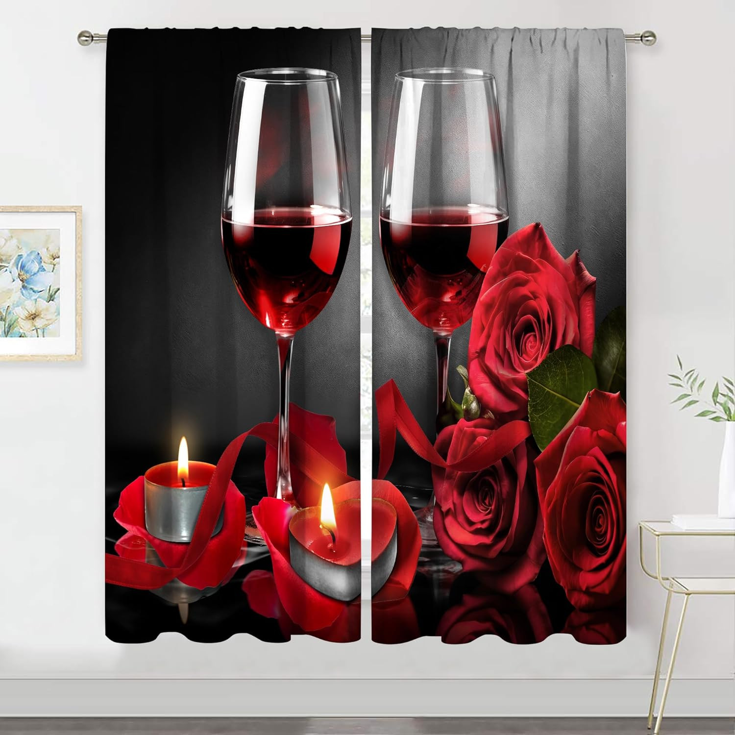 Red Rose and Wine Curtains 42Wx63H Rod Pocket Flower Floral Red Black Bedroom Wi