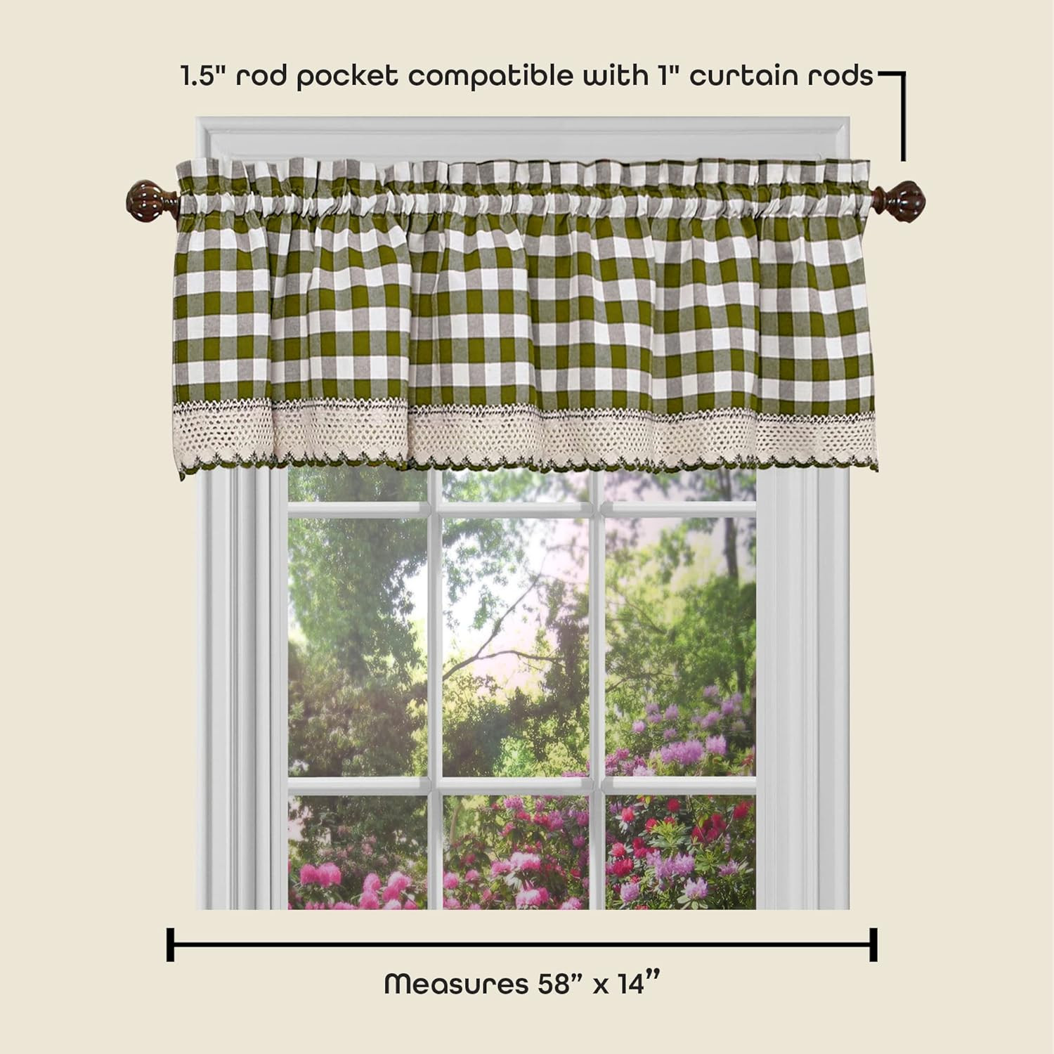 Buffalo Check Valance Window Curtains – 58 Inch Width, 14 Inch Length – Sage Gre