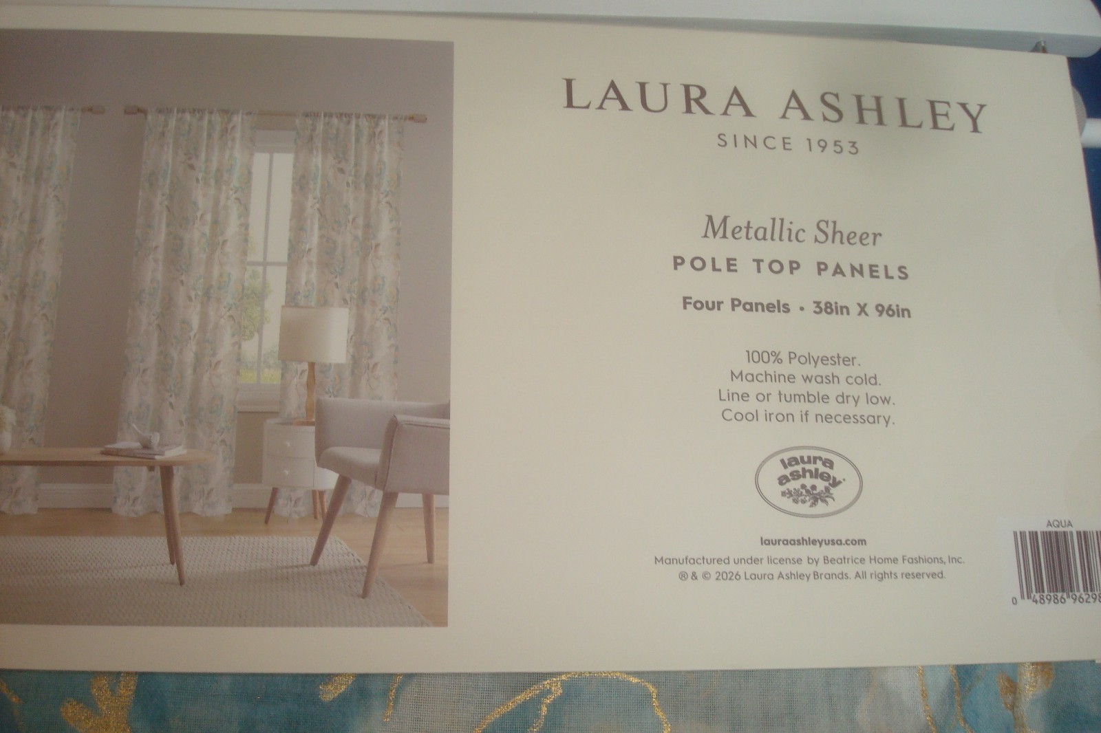 NWT Laura Ashley 4 pc Curtains Metallic Floral Sheer Aqua Gold each 38 x 96″ lg