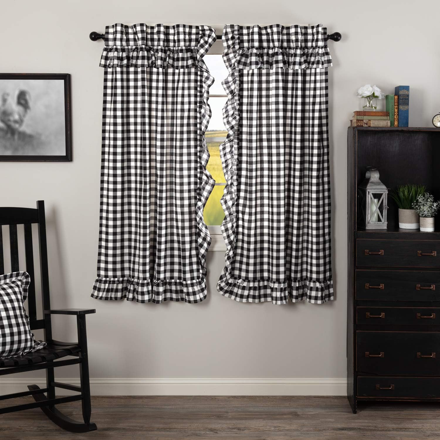 Annie Buffalo Check Farmhouse Curtains, 63×36, Black, Rod Pocket Tie Backs