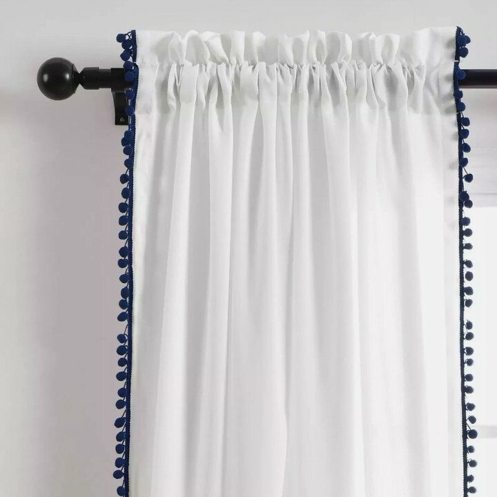 (1) Lush Decor Window Curtain Panel White Navy Pom Pom 50″ x 95″