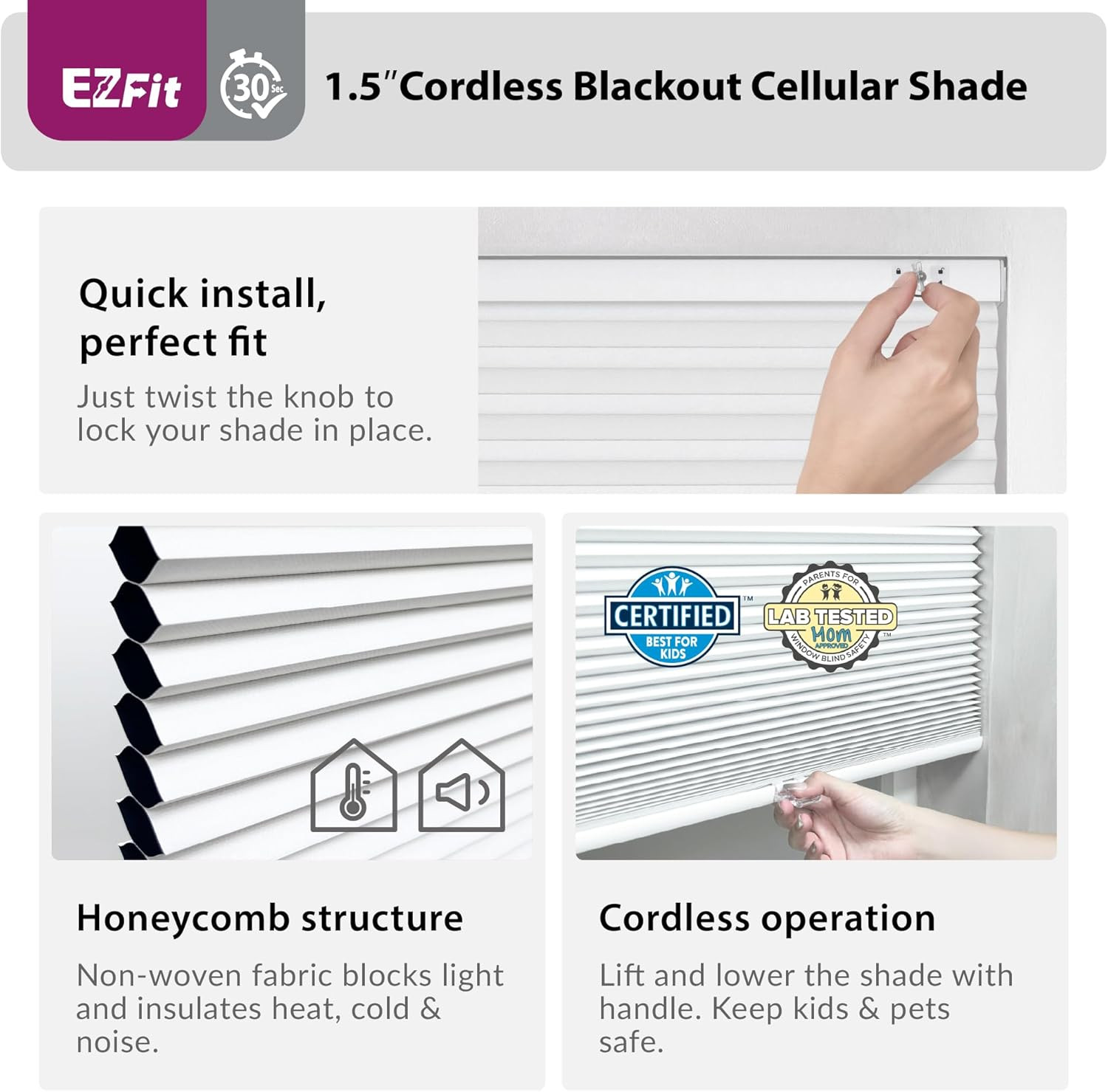 EZ Fit No Tools Cordless Blackout Cellular Shade 21.5″ W x 48″ H – White