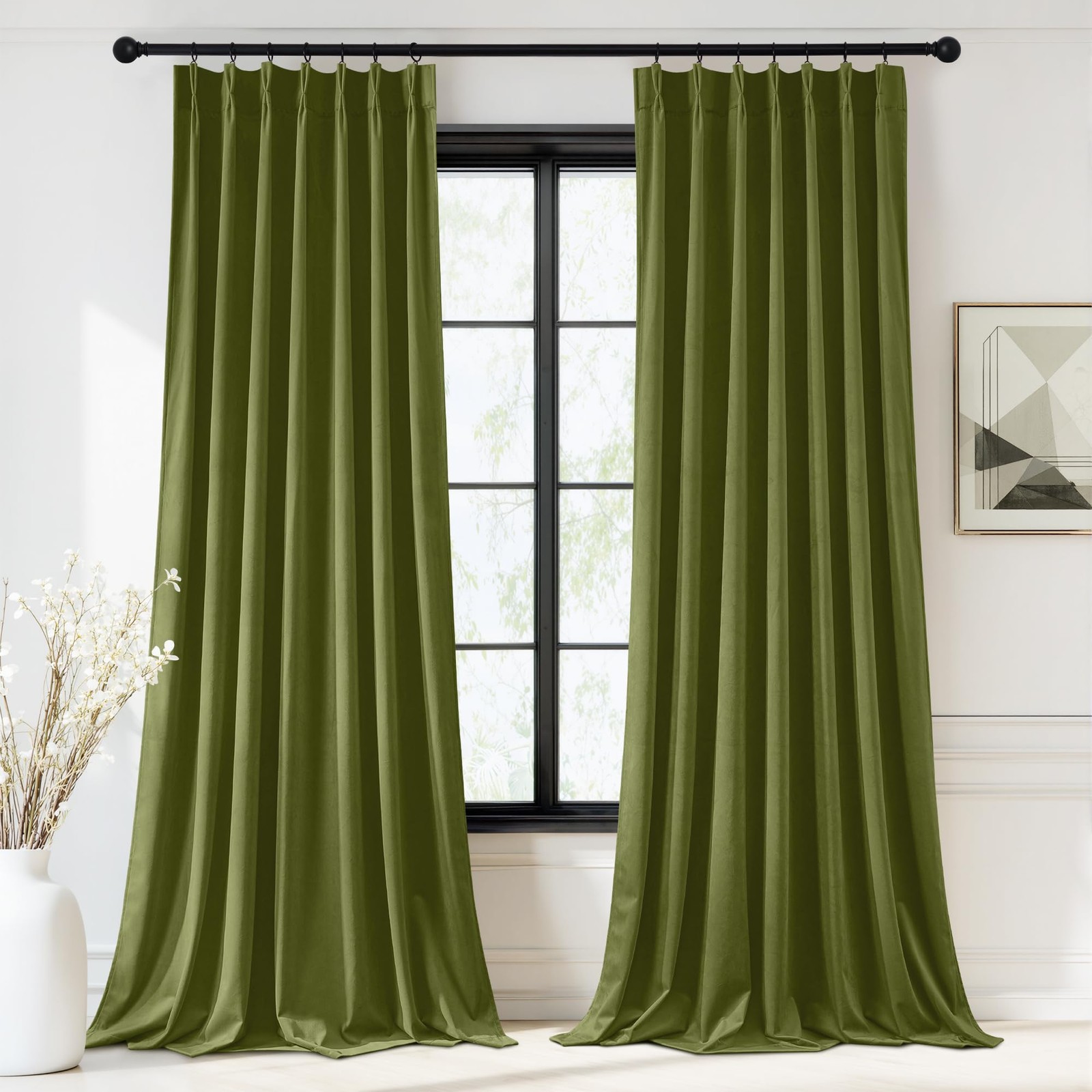 Olive Green Pinch Pleat Velvet Curtains, Super Soft Room Darkening Bedroom Cu…