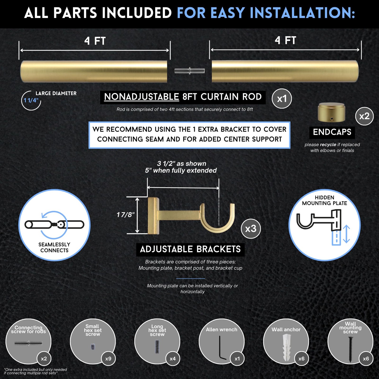 BlastHome® Non-Adjustable Luxury Curtain Rods for 8 foot, Brushed Gold
