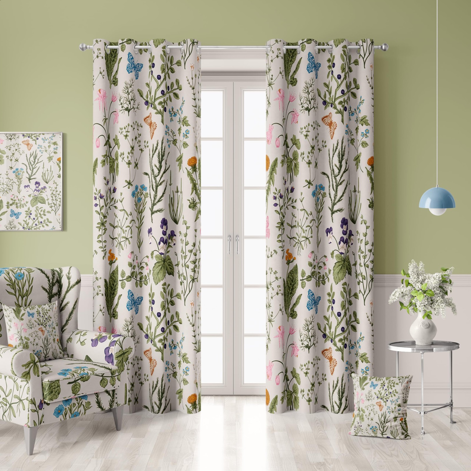 Botanical 100% Blackout Curtains 2 Panels 52Wx63L Inch Sage Green