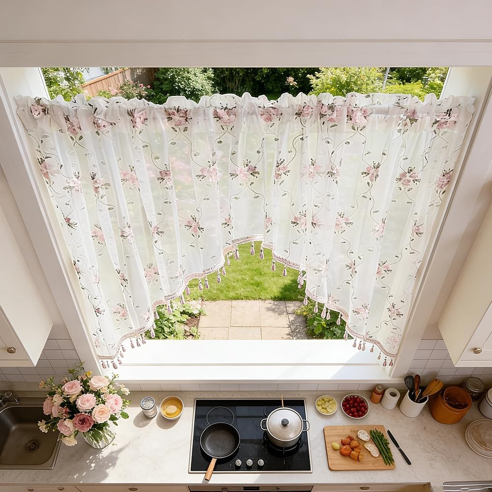 1PC Victorian Style Floral Sheer Swag Curtain Valance for Arched Door,Pink Embro
