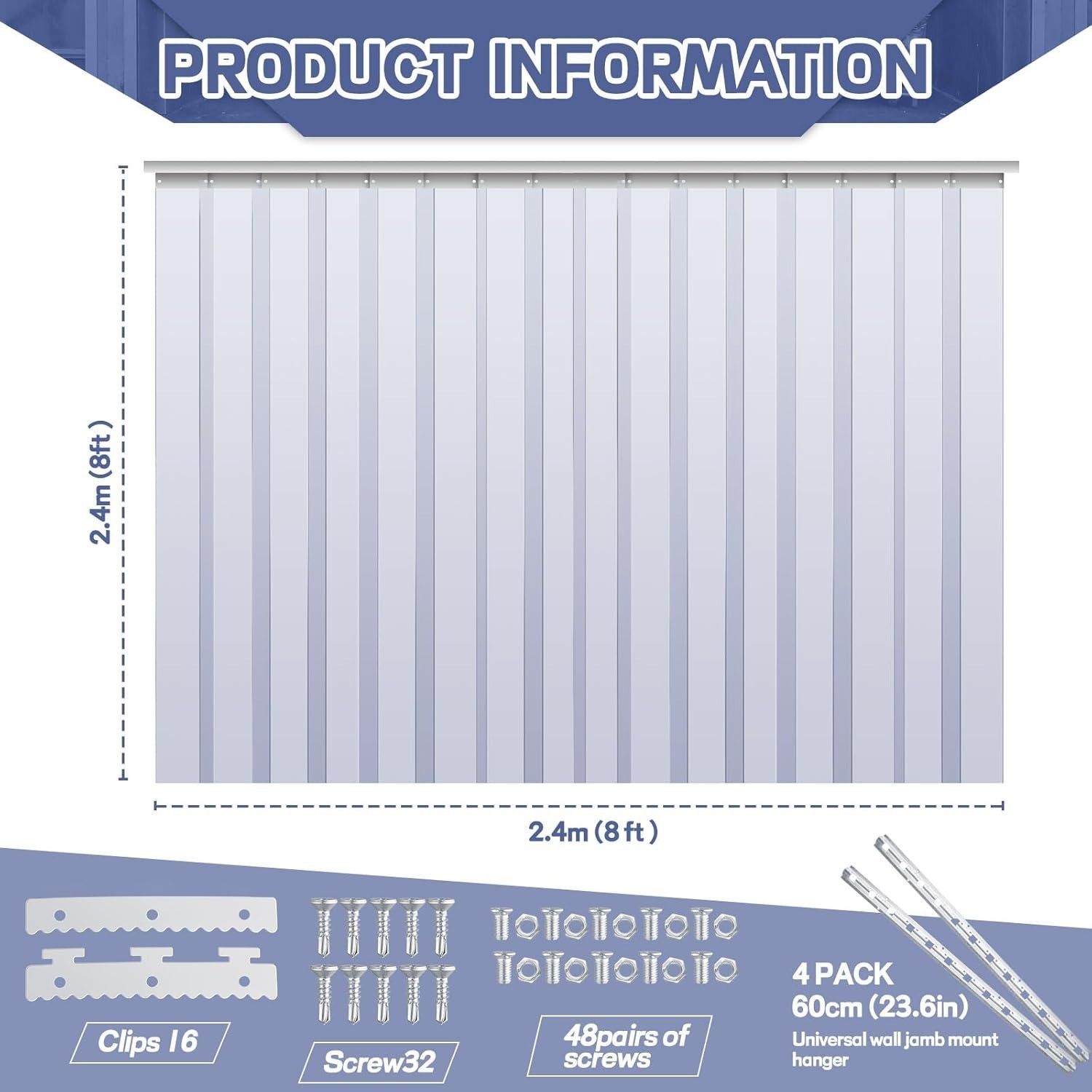 96 X 96 Inch PVC Strip Door Curtain Kit, Heavy Duty Waterproof Clear Door Curtai