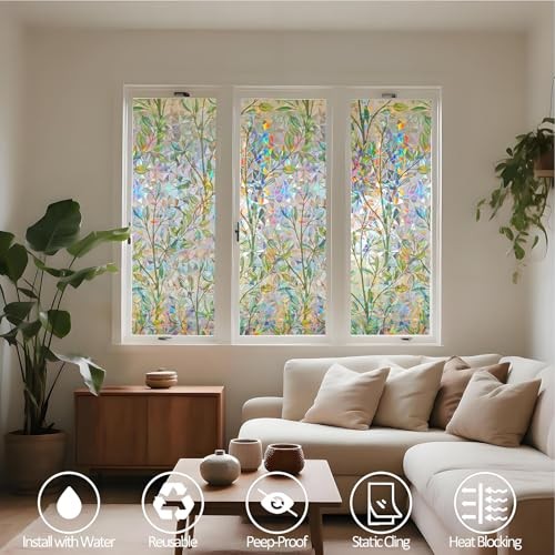 Rainbow Window Privacy Film with Installation 35.4 x 78.7 Inch Leaf Rainbow