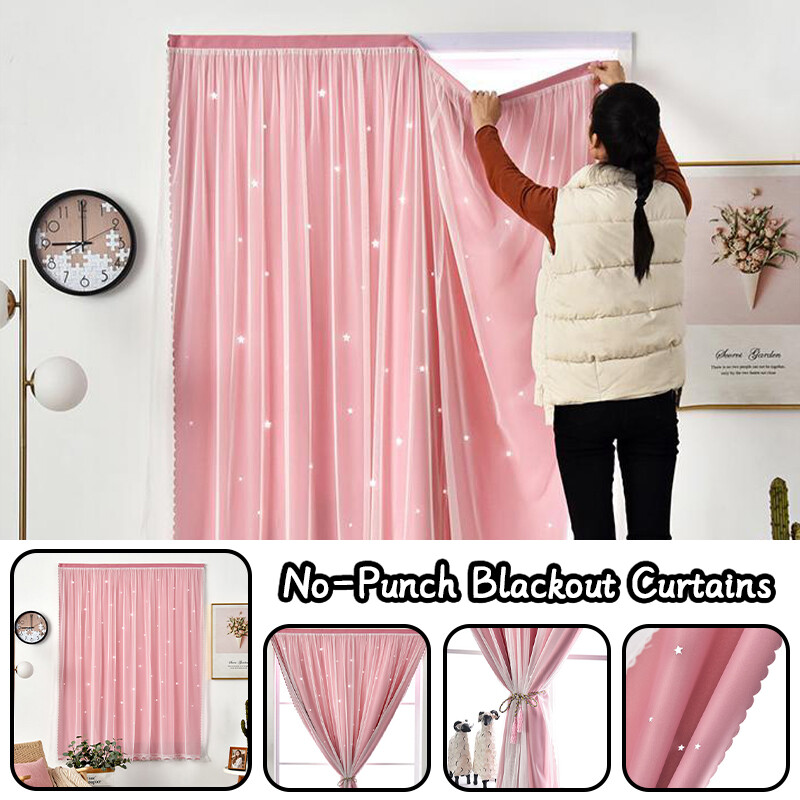 No-Punch Blackout Curtains Self Adhesive Curtains with Star Translucent Pattern