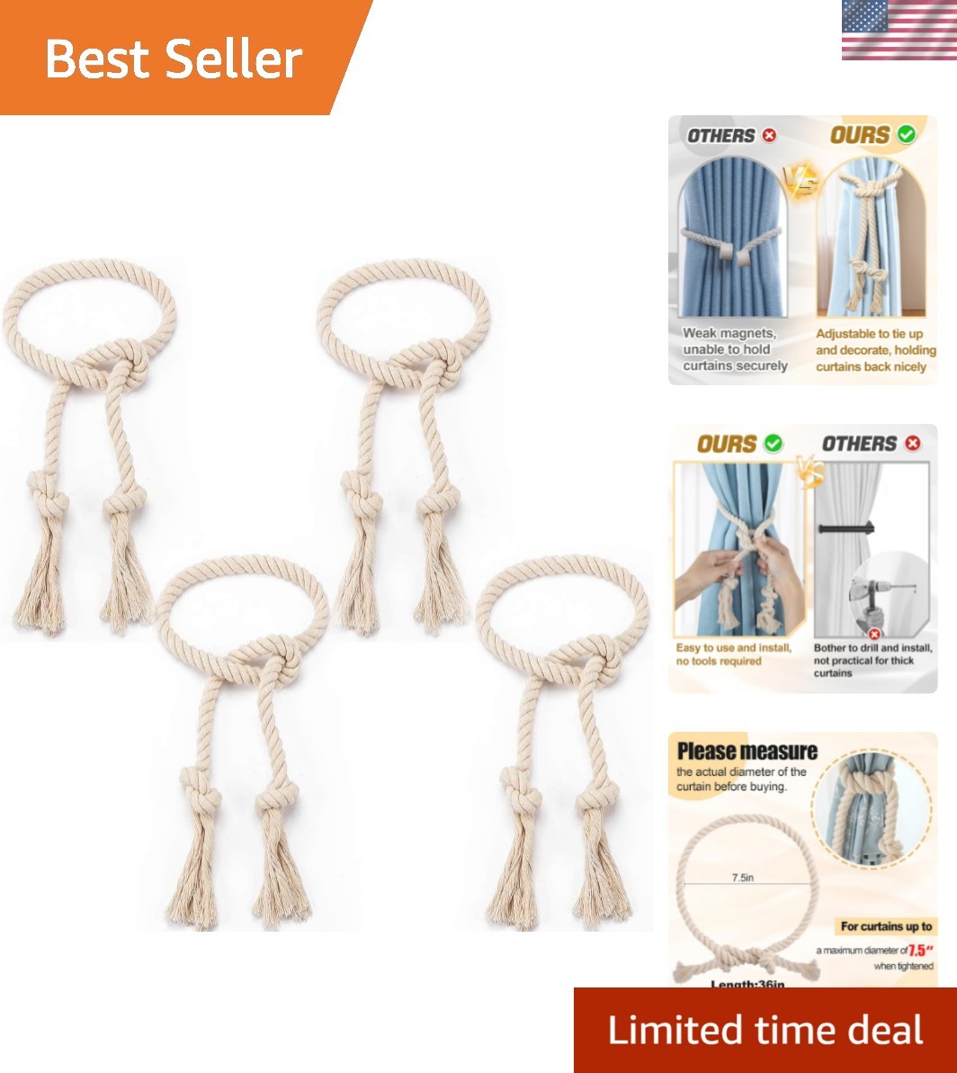 4 Pcs Hand Woven Curtain Tiebacks No Drilling – Boho Drape Holdbacks Rope for…