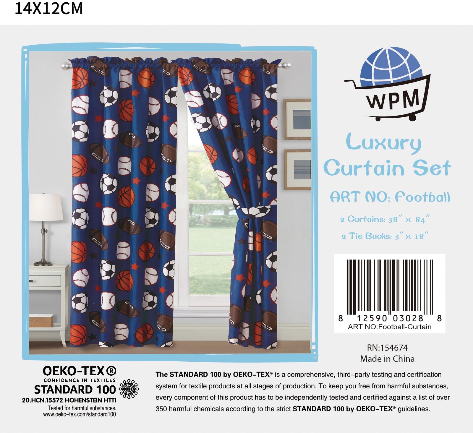 WPM Sports Curtains for Boys Bedroom : 4 Piece Blue Curtain Set with Panel an…