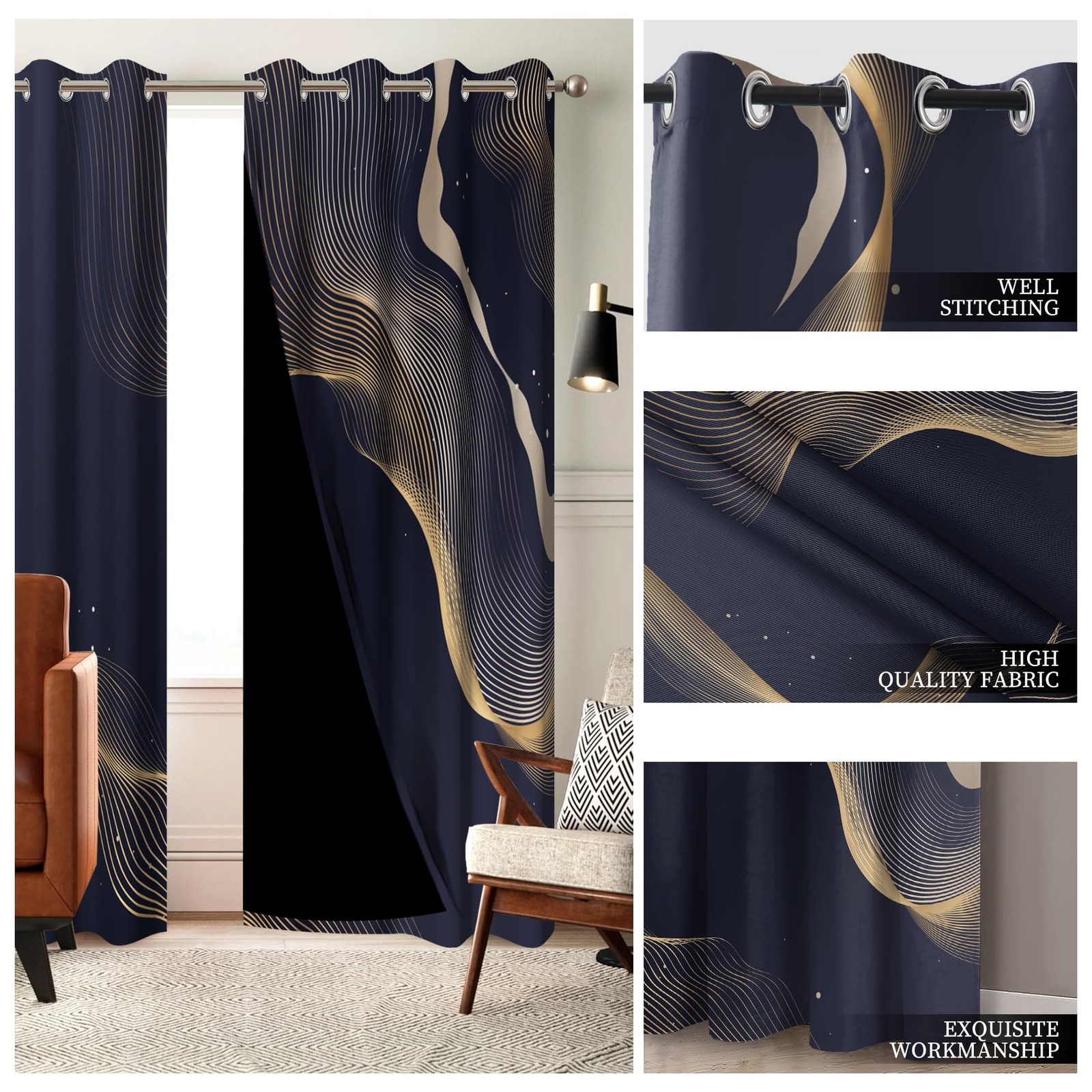 Modern Abstract Geometric Line Decorative Curtains, Blue Black Minimalist Oce…