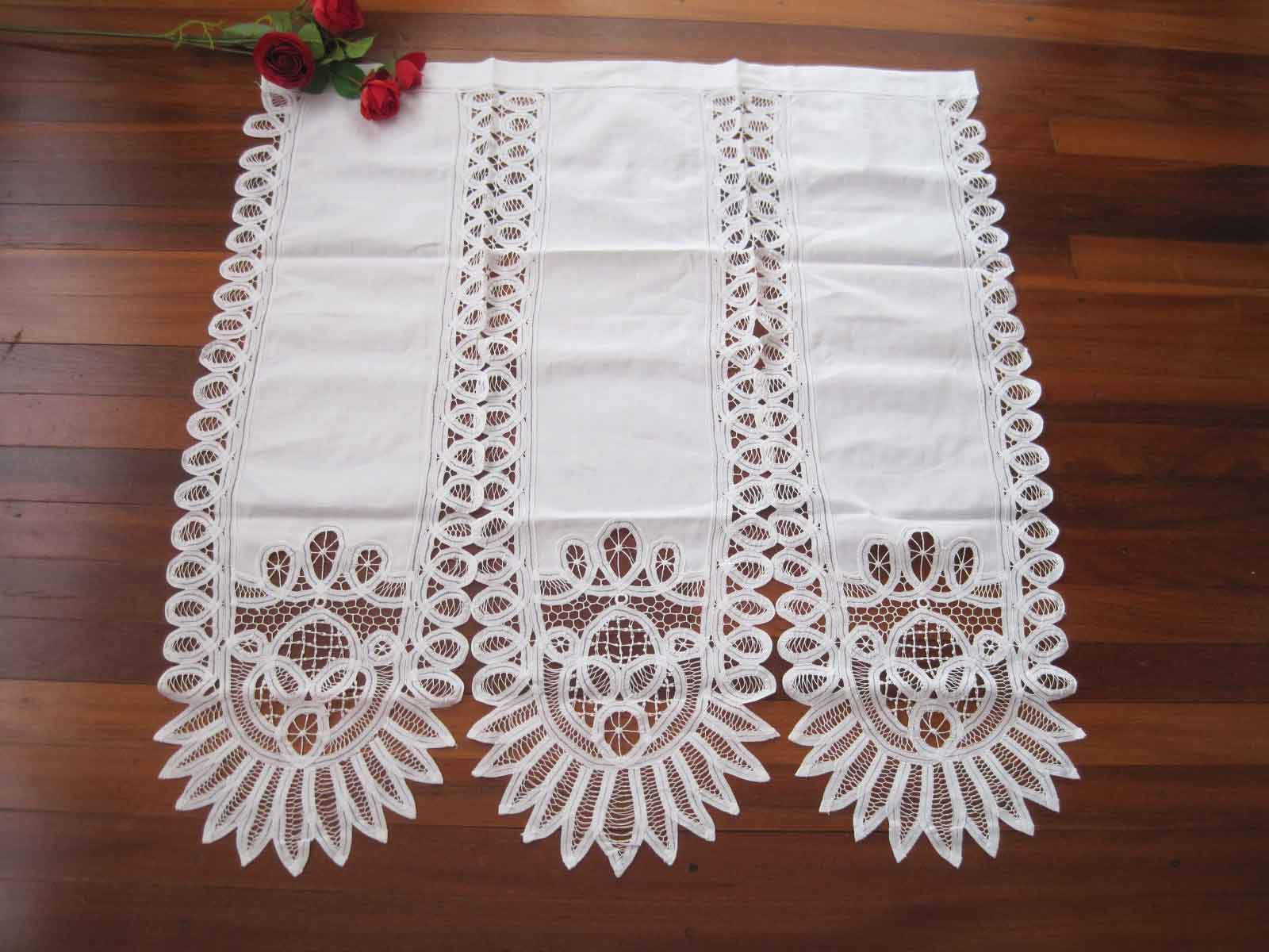 Only@ Elegant Three Panel Hand Batten Lace White Cotton Door Curtain 94cm Drop