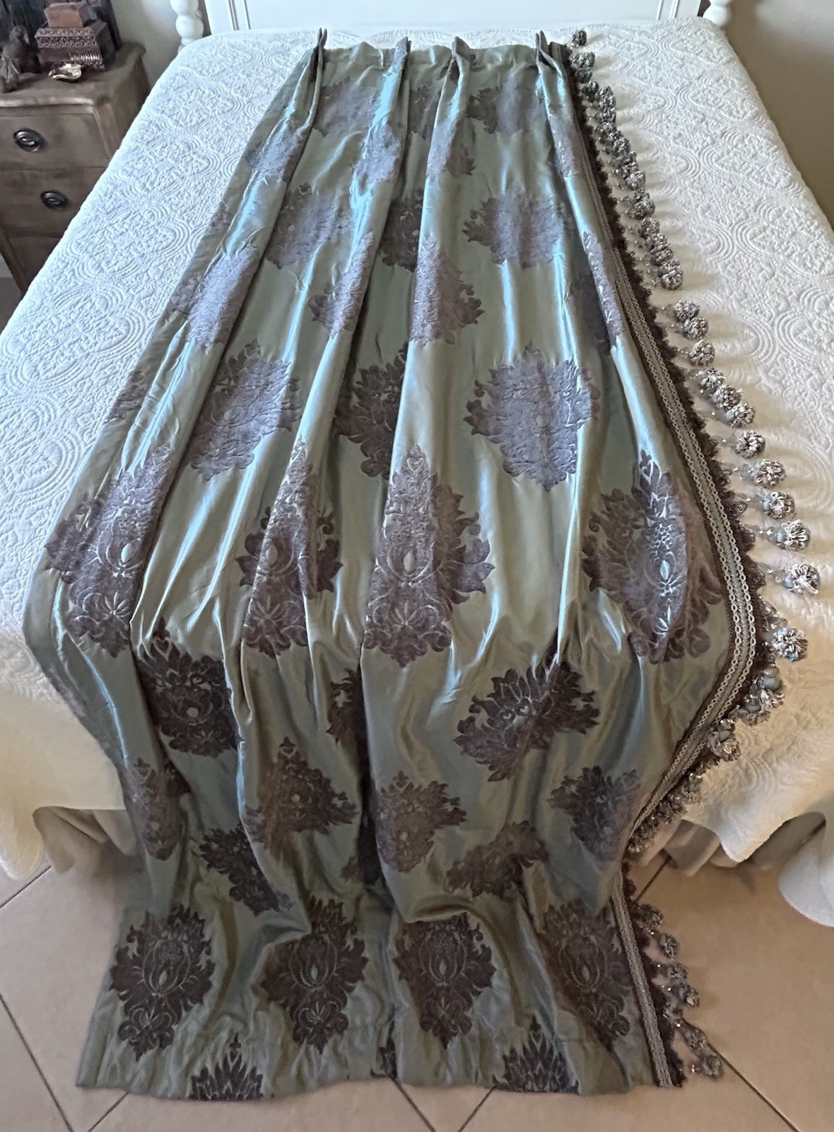 Custom Pleated Drapery Panels Pair 110”L Silk? High-end Tassel Trim 27”W