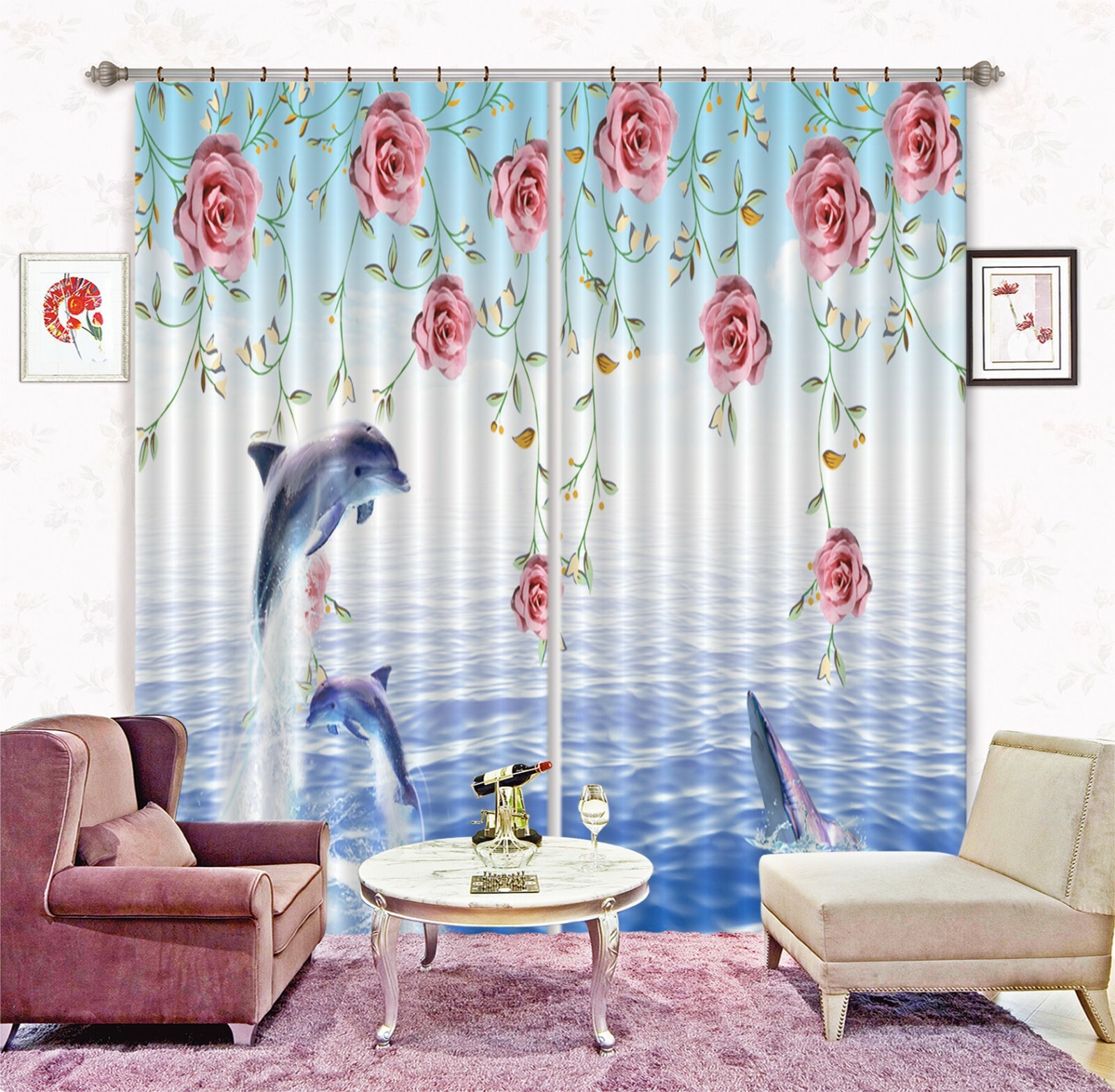 3D Dolphin Rose ZHUA1489 Blockout Photo Curtain Fabric Window Zoe