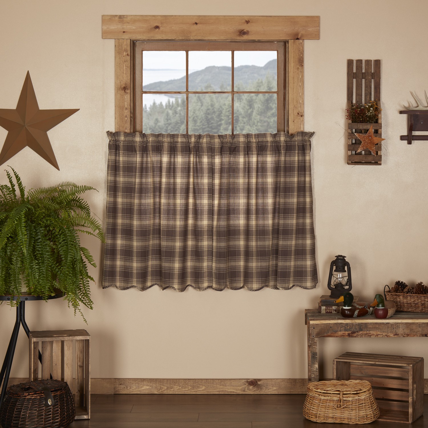 VHC Brands Rustic 36″x36″ Tier Pair Brown Rod Pocket Kitchen Window Curtains