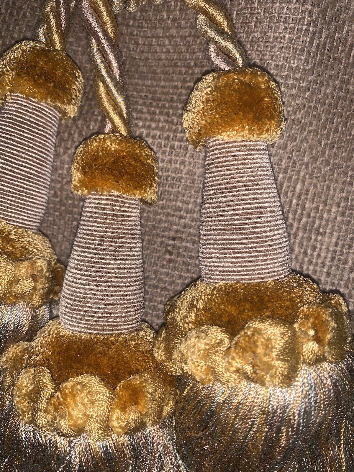 Set/2 Curtain Tie Backs Gold Blue Tan Tassels 27.5”L Wdetail Loop cord 7.5”L W/o