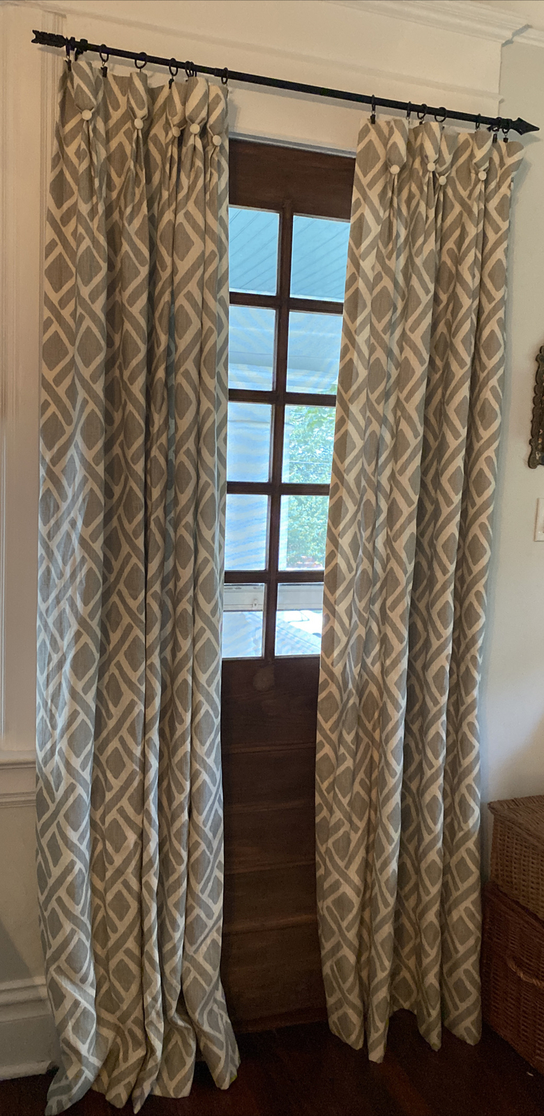 2 Custom Made Linen Taupe/Cream Lined Curtain Panels Geometric Pleated 26″x 87″