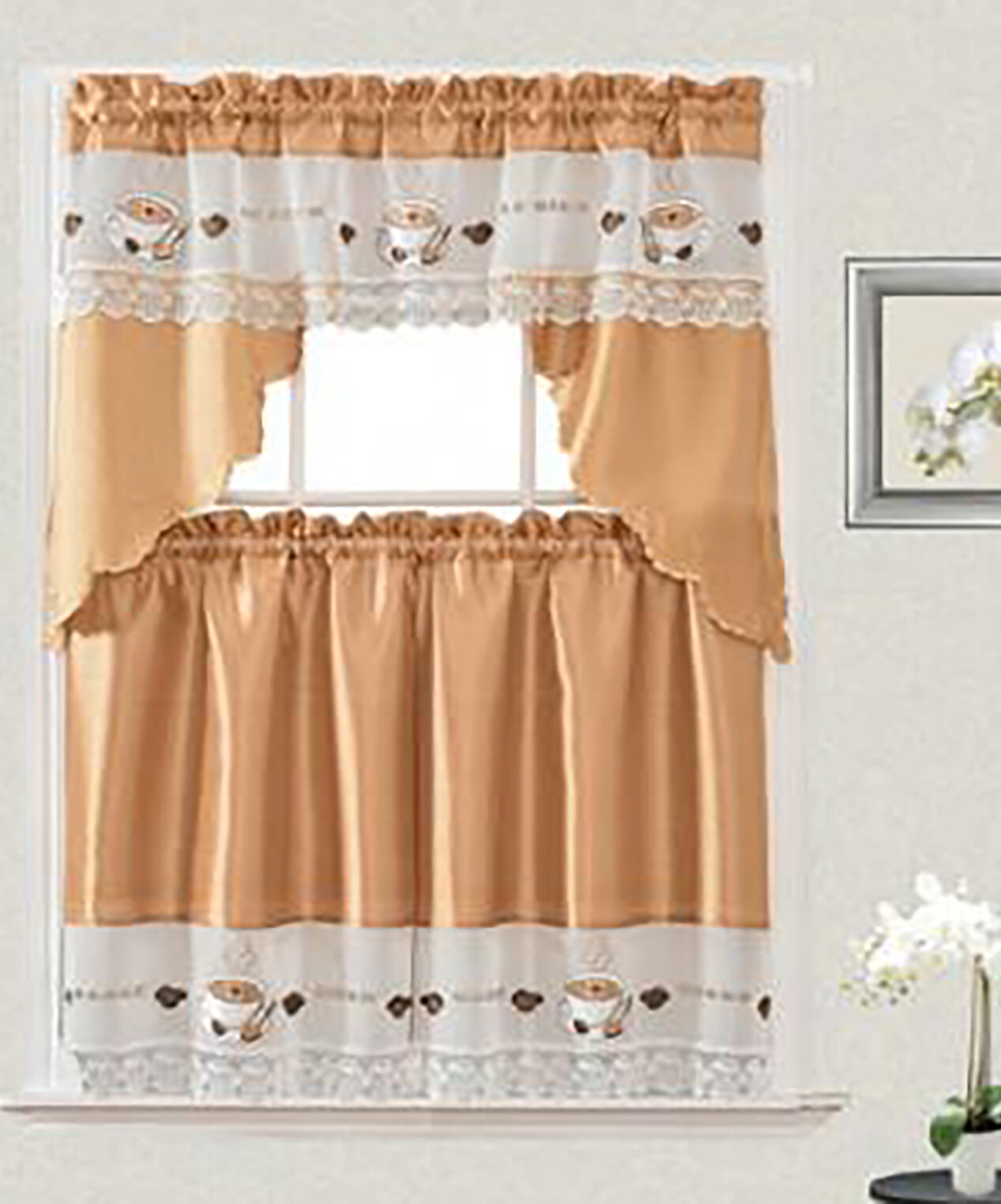 Coffee Cup Macrame Design Kitchen Curtain with Swag and Tier Set 36 inch Gold