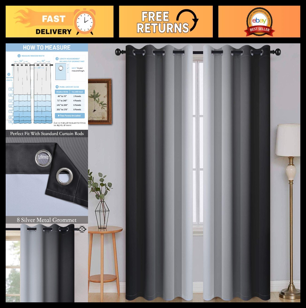 Ombre Room Darkening Curtains – Gradient Black to Grey, Thermal Insulated Gromme
