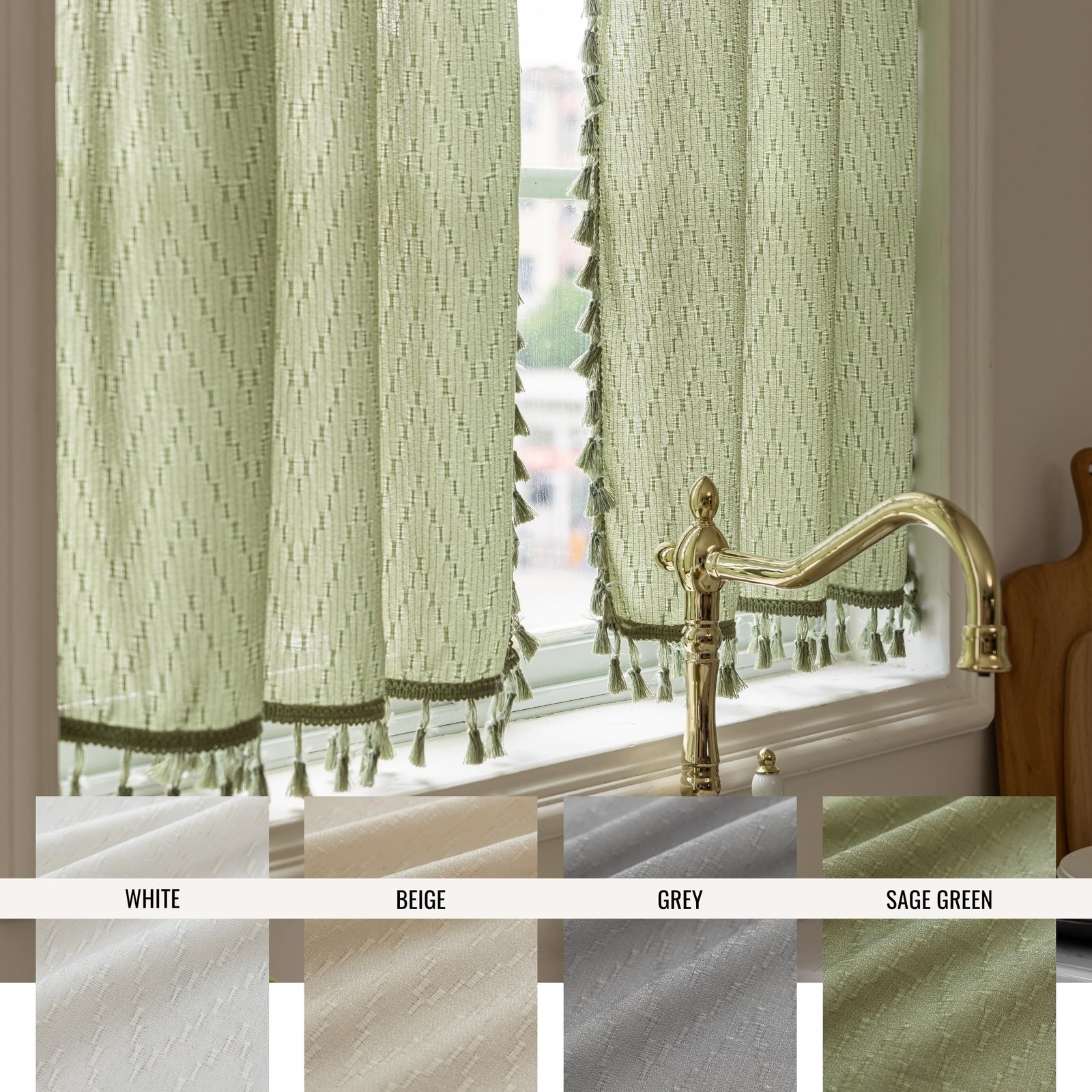 Kitchen Window Curtains Over Sink 24 Inch Length Boho Tassel Tiers Cafe Curta…
