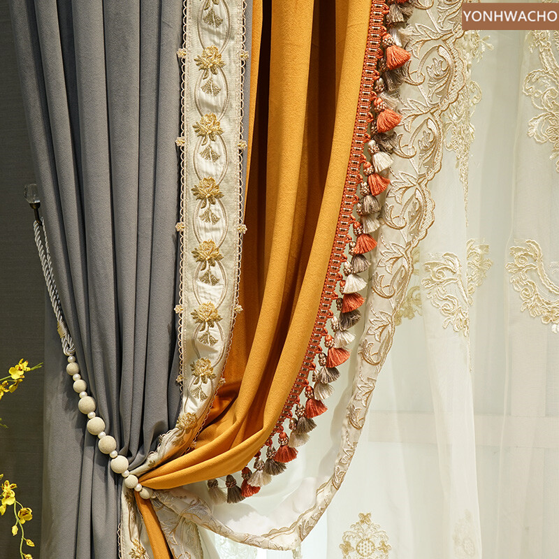 luxury thick velvet dark gray orange embroidery cloth blackout curtain C618