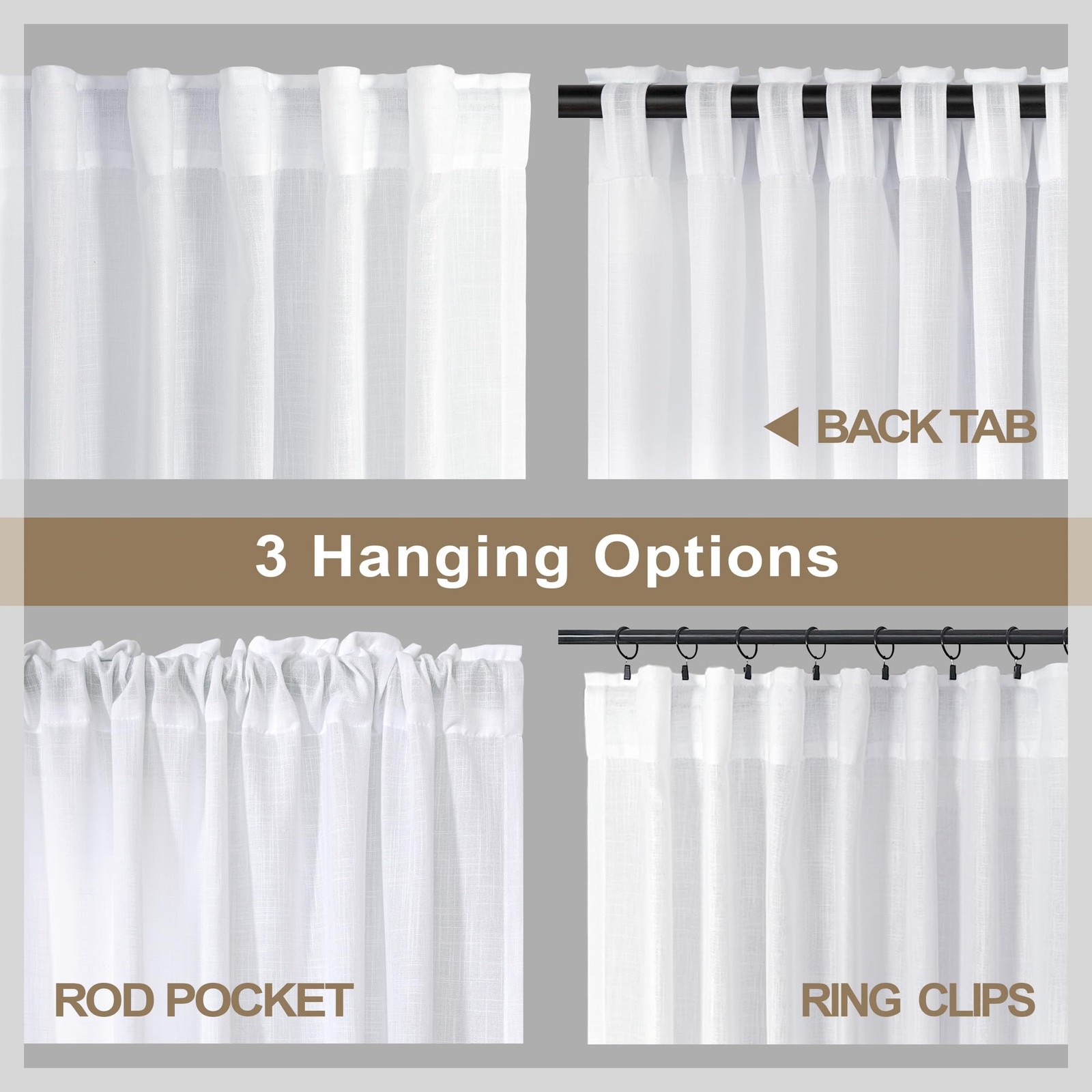 108Inch White Linen Curtains 2Panel Set SemiSheer Back Tab Drapes