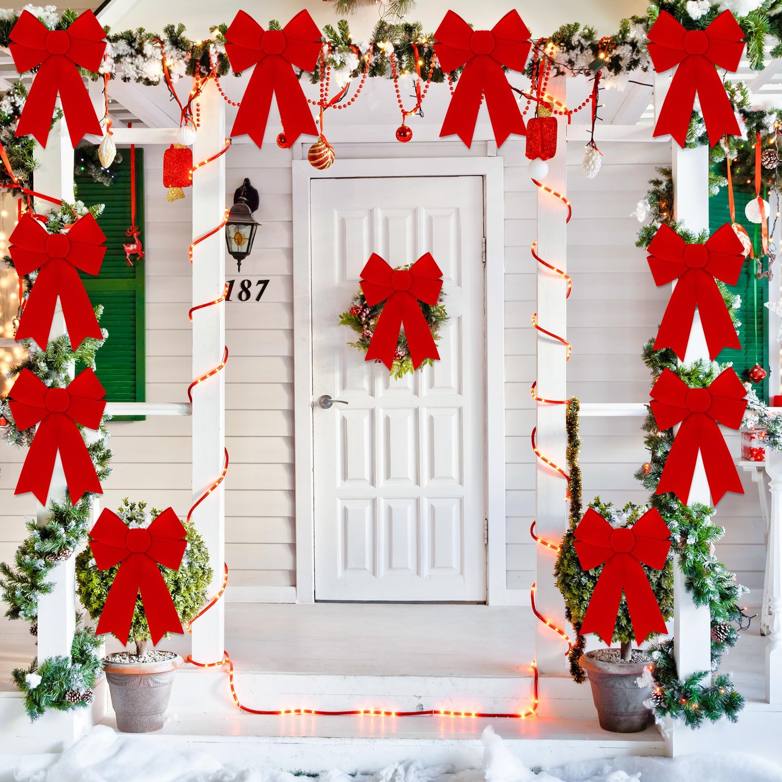 6 PCS Large Red Velvet PVC Hanging Christmas Bows, 9 x 12 Inches – Indoor/Out…