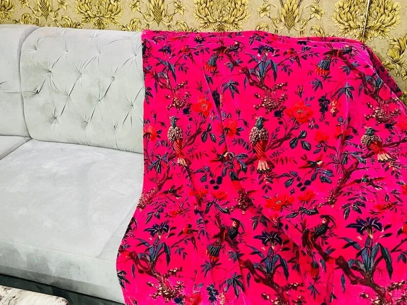 Vintage Cotton Velvet Hot Pink Bird Print Luxury Curtain, Boho Curtain Drapes