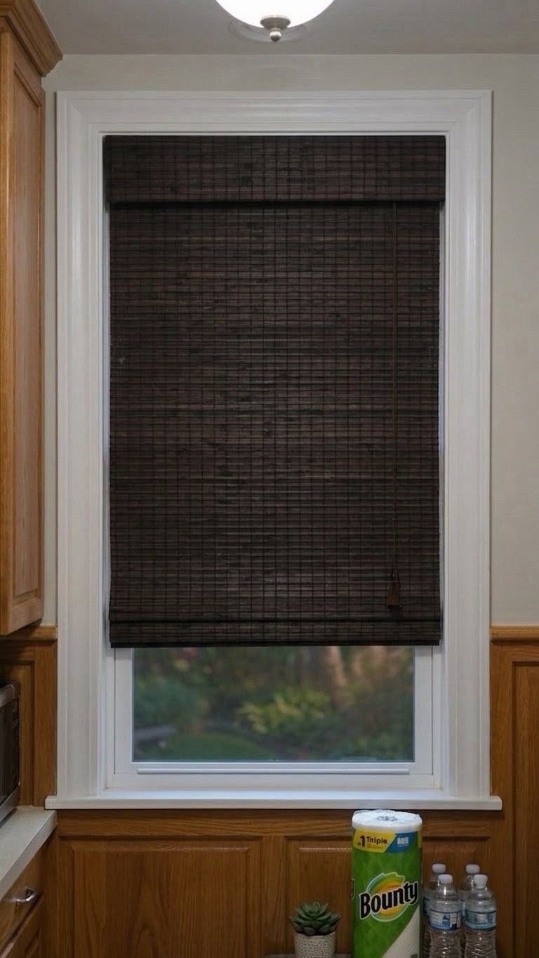 Cordless Bamboo Roman Shade for window. Radiance Brand.