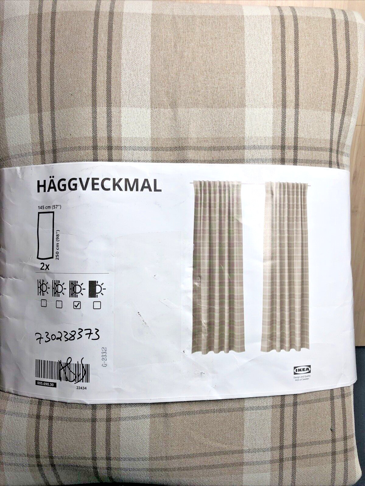 Ikea HAGGVECKMAL 57″x 98″ Neutral Brown Plaid Curtain Panel Set NEW 005.690.30