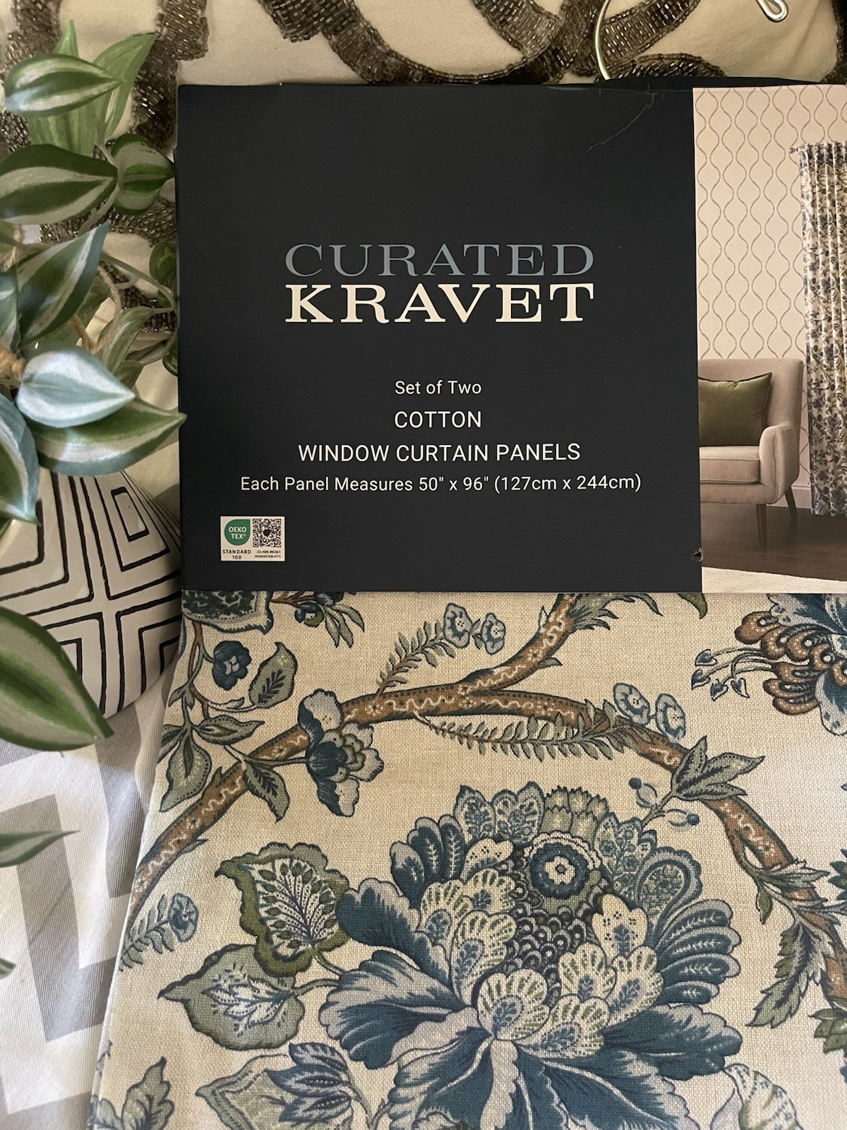 CURATED KRAVET 2-Panel Curtain Set Jacobean Blue Garden Floral Cotton 50X96 NWT
