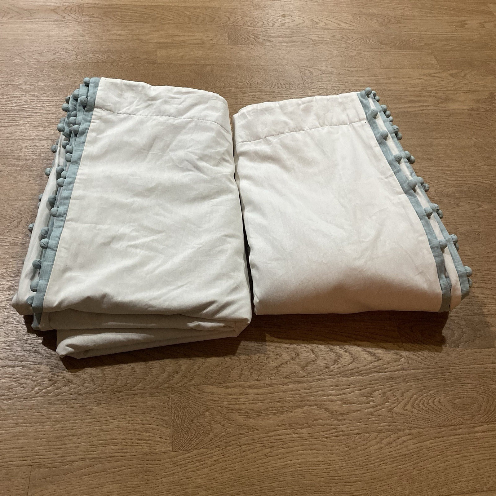 Pottery Barn Kids White Curtains with Dark teal Pom Trim 44 x 96 set of 2 Panels