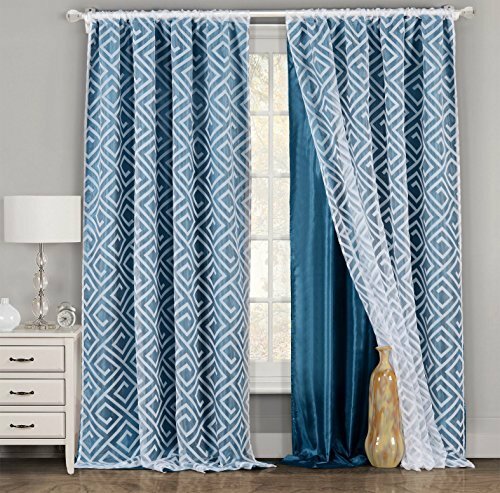 One pc. (1) Blue and White Window Panel: Geometric Design,Double Layer,54″Wx 4″L