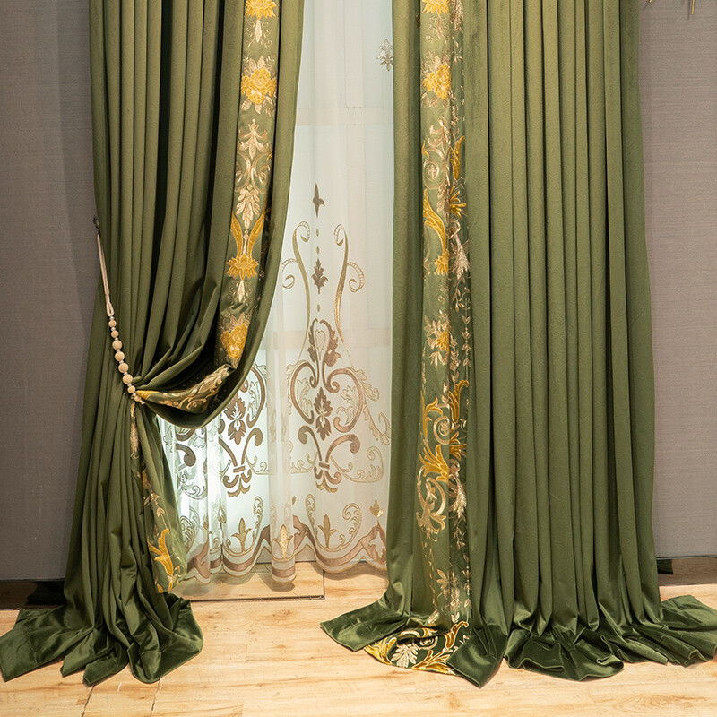 Custom green velvet embroidery thick French cloth curtain tulle drape C1774