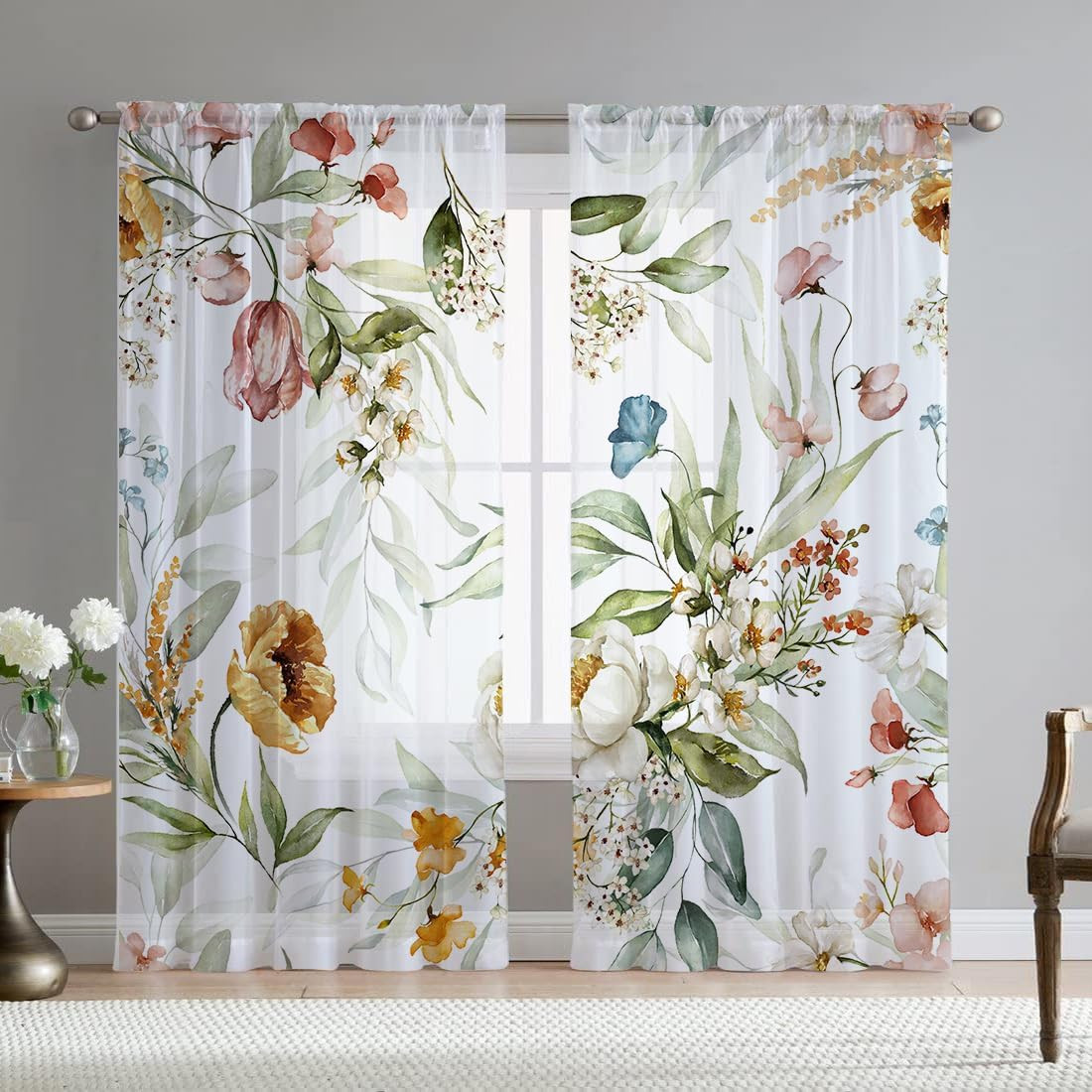 Floral Sheer Curtains 63 Inch Yellow Flower 2 Panels Chiffon Window Drapes