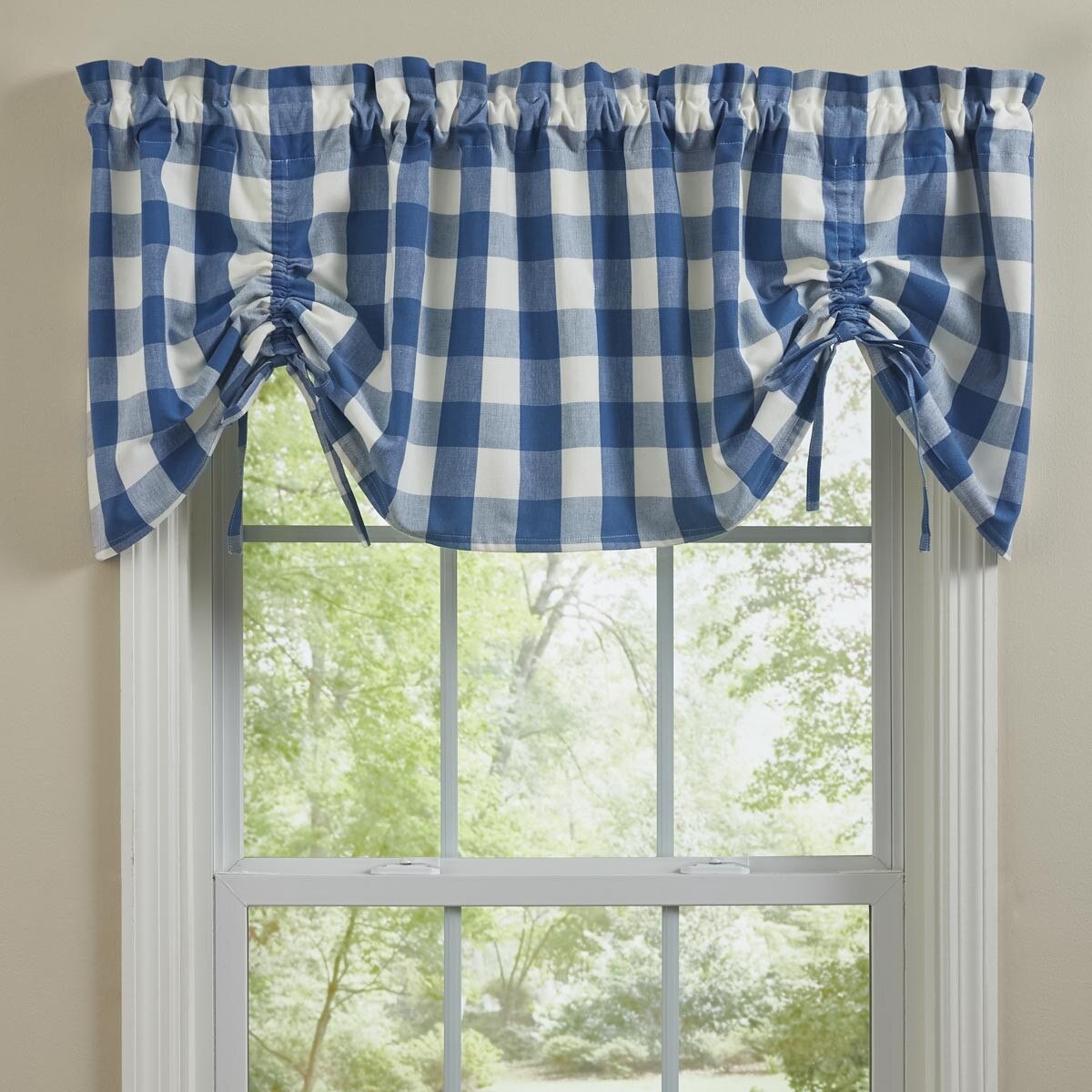 WICKLOW CHECK LINED FARMHOUSE VALANCE, blue and white checkered, NEW, 60X20