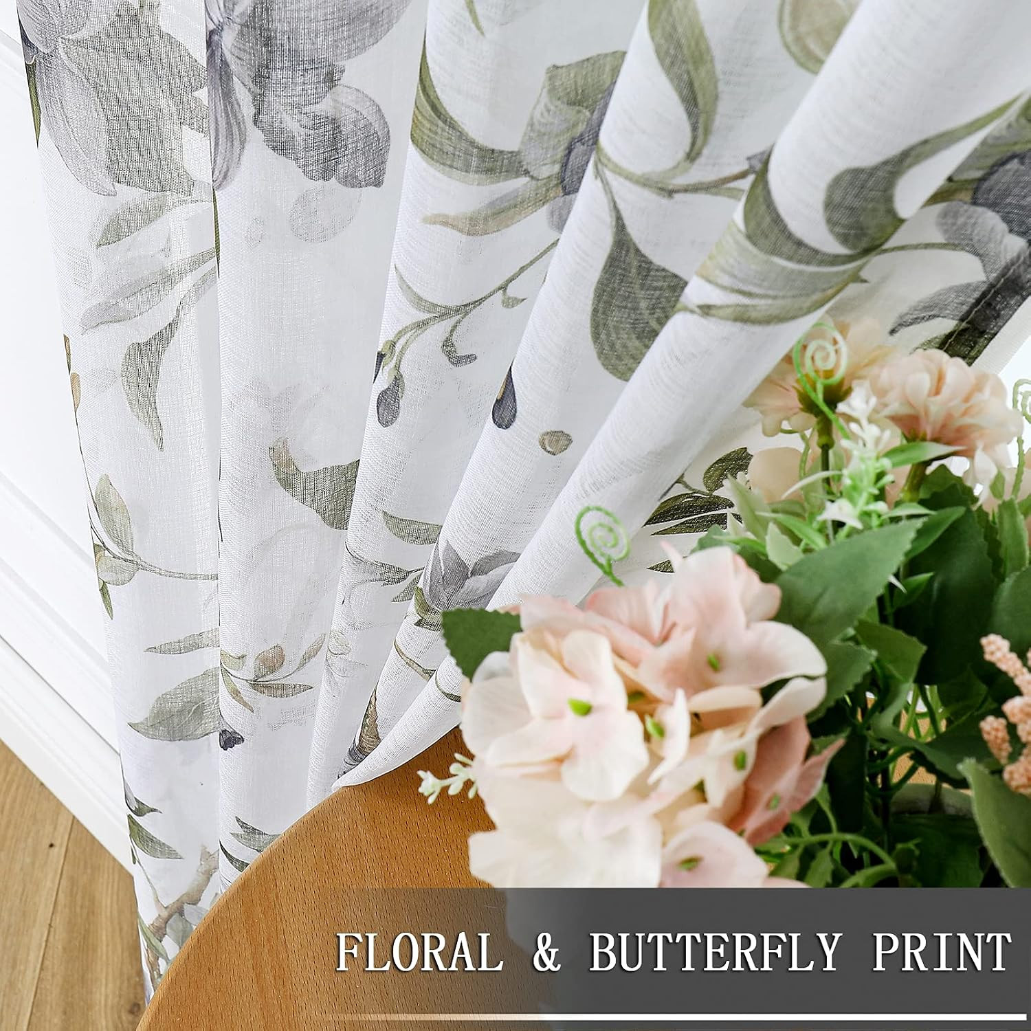 Floral Short Sheer Tier Curtains Grey Cherry Flower Butterfly Print Half Curtain