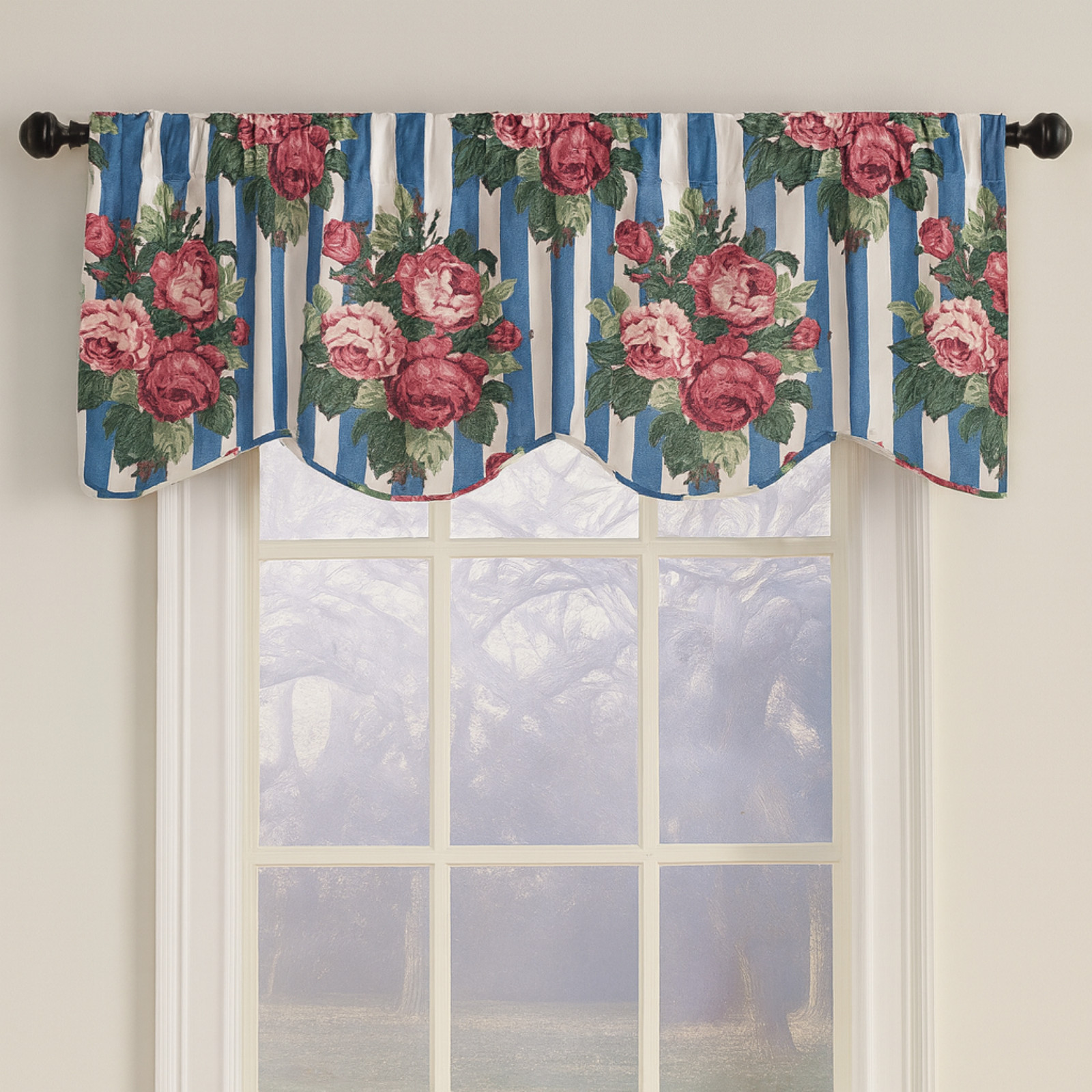 CURTRON Curtain Valance Elegant Creations Scalloped Kate Rose Blue Stripe 90s