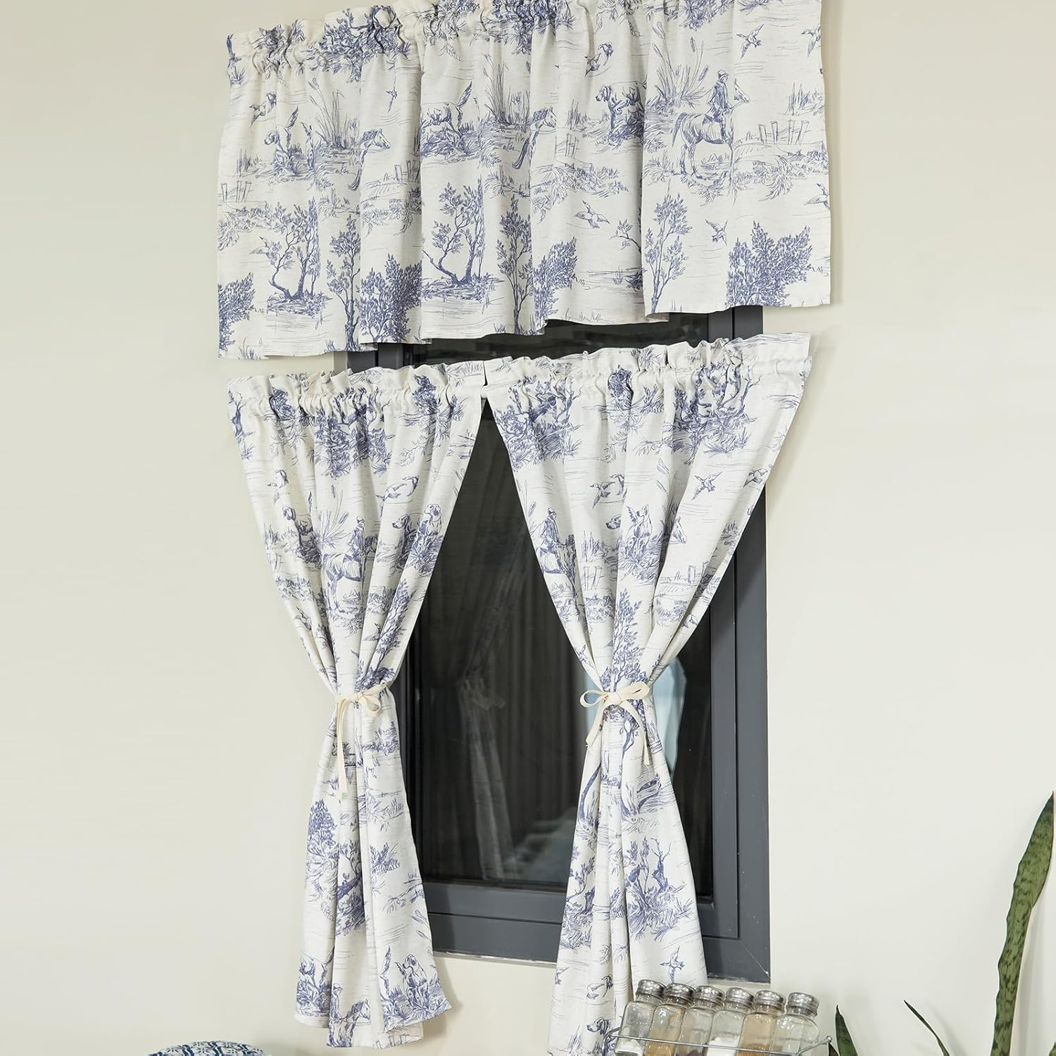 Rustic Kitchen Window Curtain Set of 3 Classic French Village Blue Toile Printed