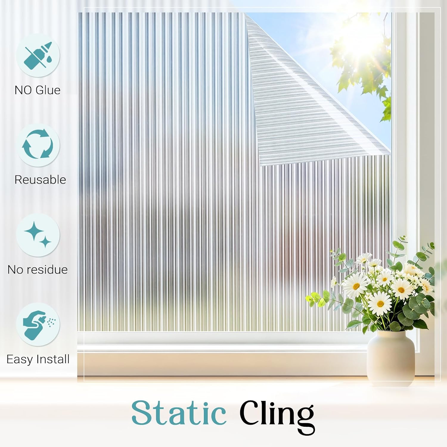 Reeded Glass Window Privacy Film, Static Cling Non-Adhesive Frosted Film, UV Blo
