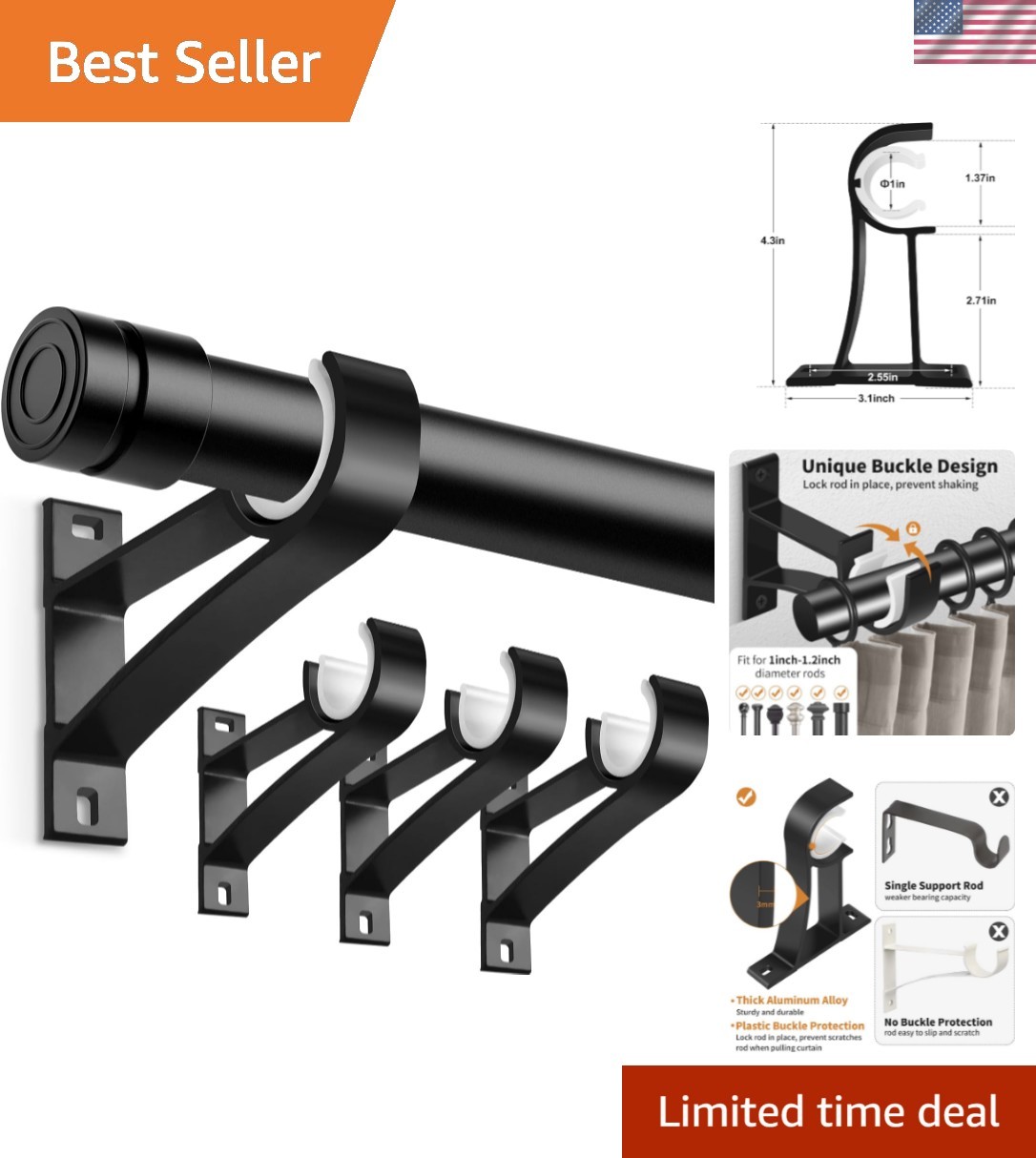 Curtain Rod Bracket, Heavy Duty Curtain Rod Holders Single Decorative Rod Hoo…