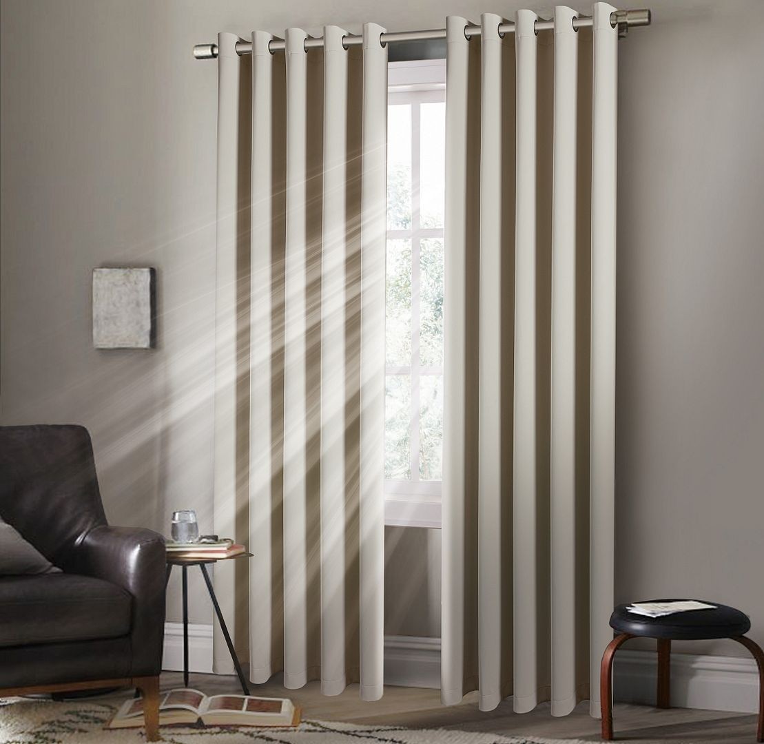 Plain Thermal BLACKOUT LINED EYELET Ring Top Curtains with Tie Backs