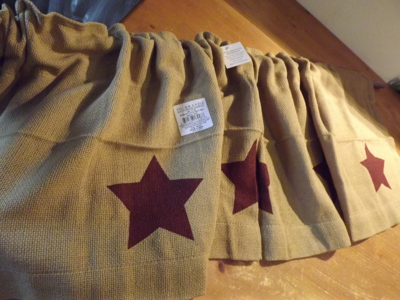 new Primitive BURLAP w/ BURGANDY STARS Valance FARMHOUSE COUNTRY 60″W NIP
