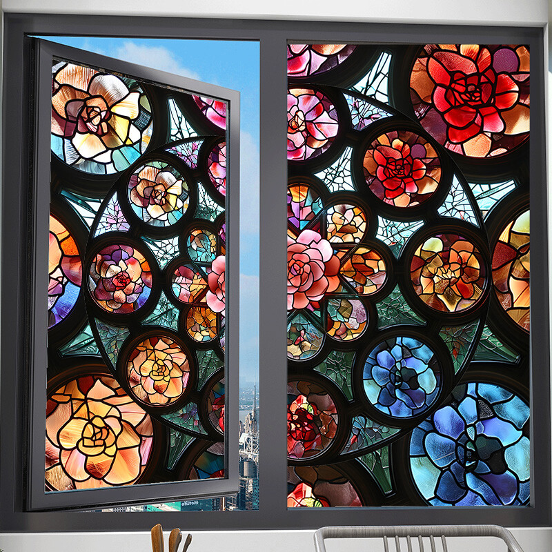 1PC Vintage Colorful Stained Glass Window Films Self Adhesive Backing Sticker