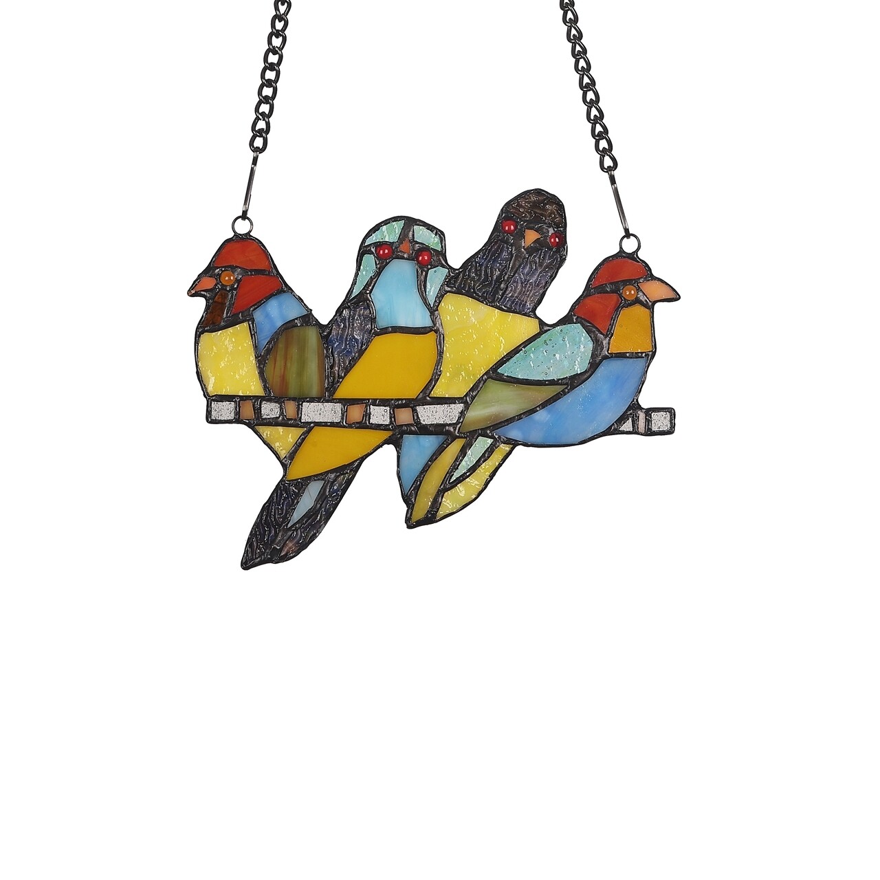 Tiffany Style Stained Glass Window Panel Starling Birds On Perch 6″ H x 8″ L