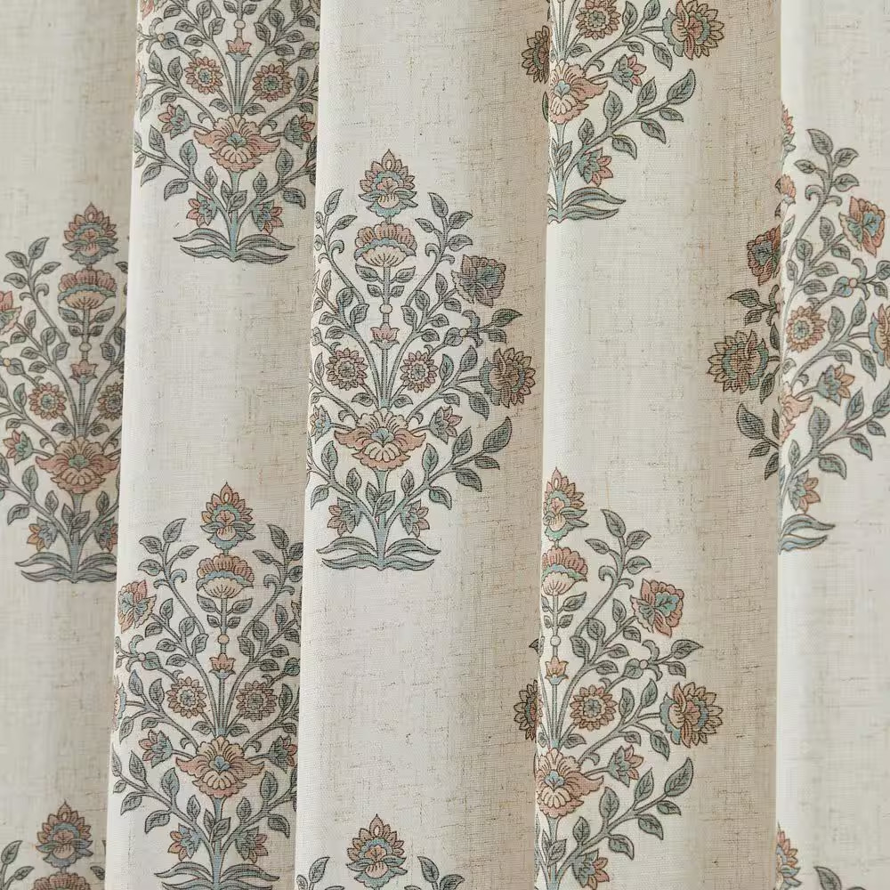 Sofia Flower Block Bouque Clay/Teal Faux Linen 37 In. W X 84 In. L Rod Pocket Li
