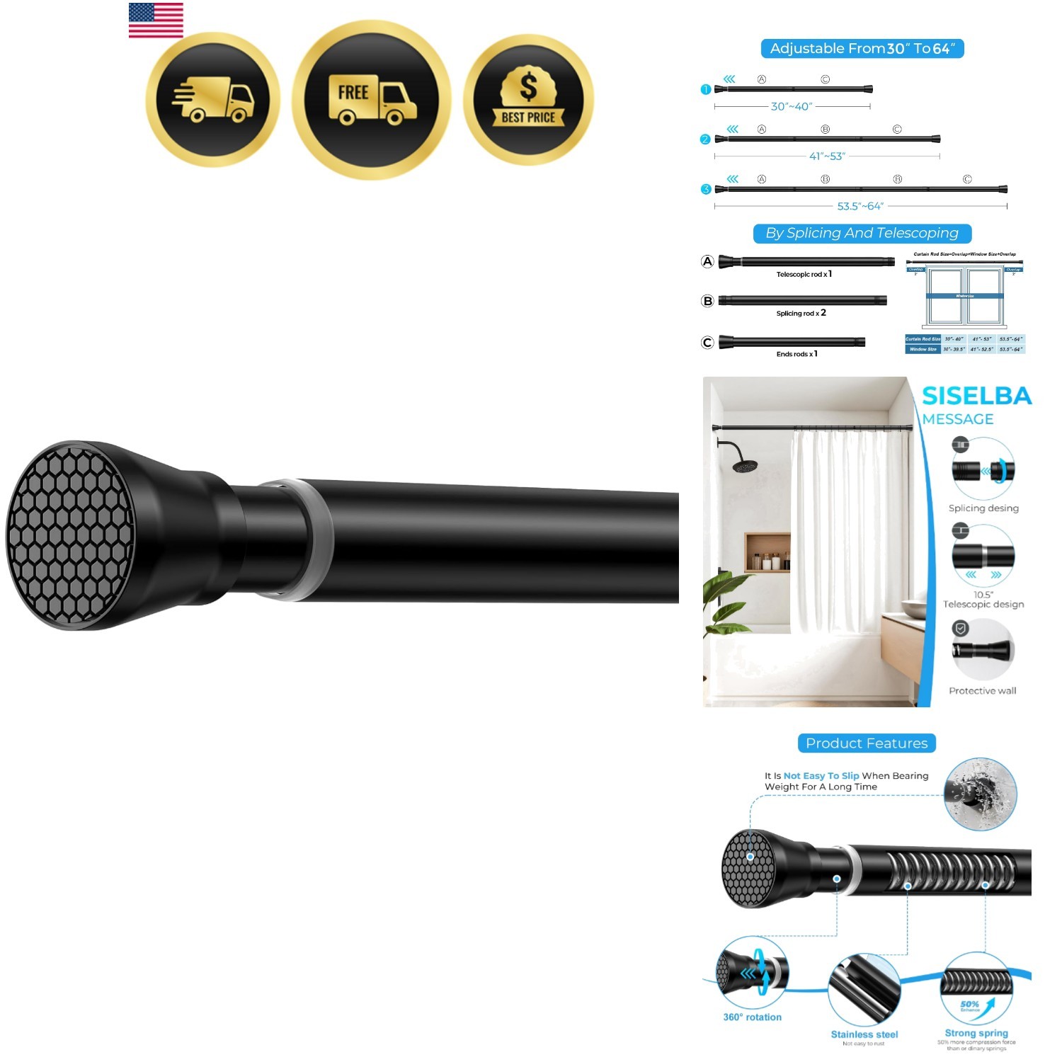 Adjustable Tension Curtain Rod 30 to 64 inches, Spring Curtain Rod for Window…