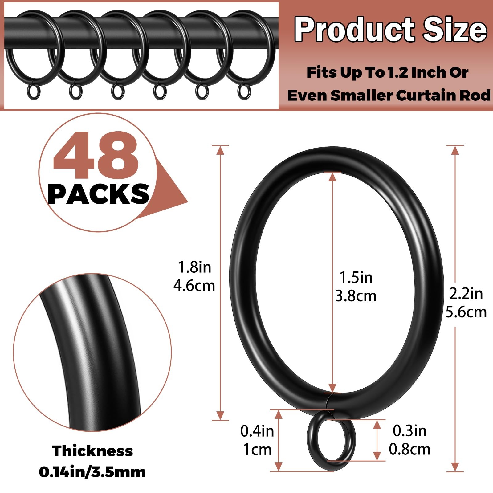 Curtain Rings with Eyelets,48 Pack Metal Black Curtain Rings for Pinch Pleat …
