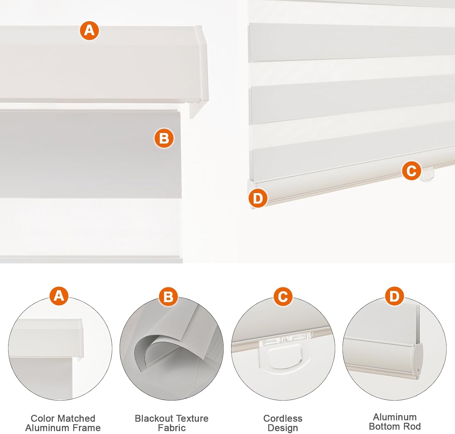 Cordless Zebra Blinds 40″W x 72″H White Dual Layer Free-Stop Blackout